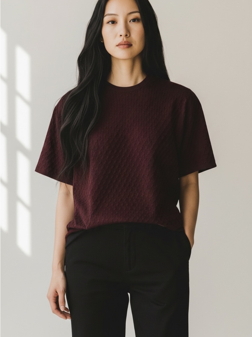Jason Wu Textured Basketweave Short Sleeve Sweater Burgundy Size XL